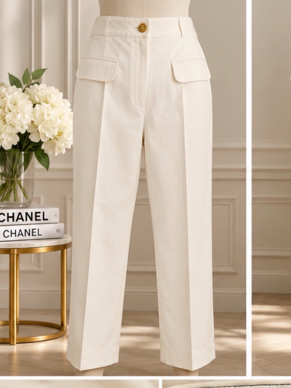 CHANEL  Vintage Boutique White Straight-Leg Cargo Pants with Gold CC  Button
